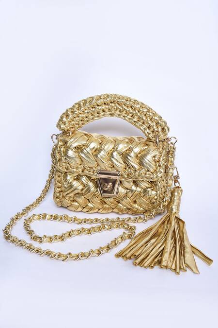 Shop_Bijit_Gold Woven Metallic Mini Bag _Online_at_Aza_Fashions