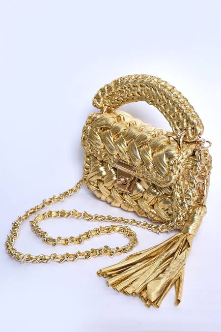 Bijit_Gold Woven Metallic Mini Bag _at_Aza_Fashions