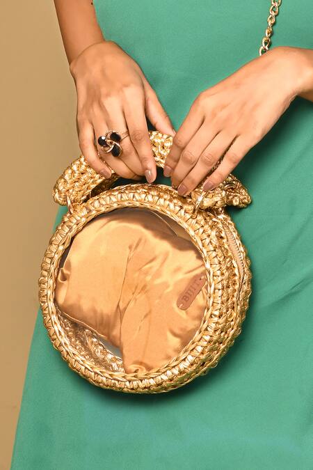 Bijit_Gold Woven Round Shaped Metallic Sling Bag _Online_at_Aza_Fashions