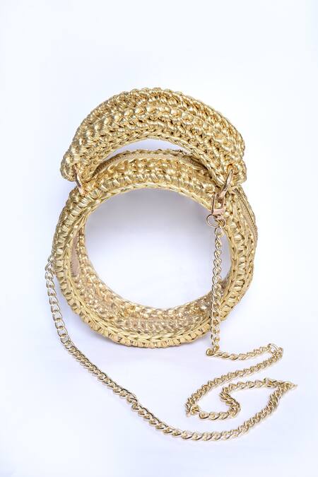 Shop_Bijit_Gold Woven Round Shaped Metallic Sling Bag _Online_at_Aza_Fashions