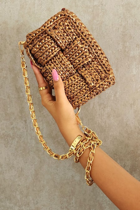 Buy Gold Embroidery Sequin Bag by Adorn My Wish Online at Aza Fashions.