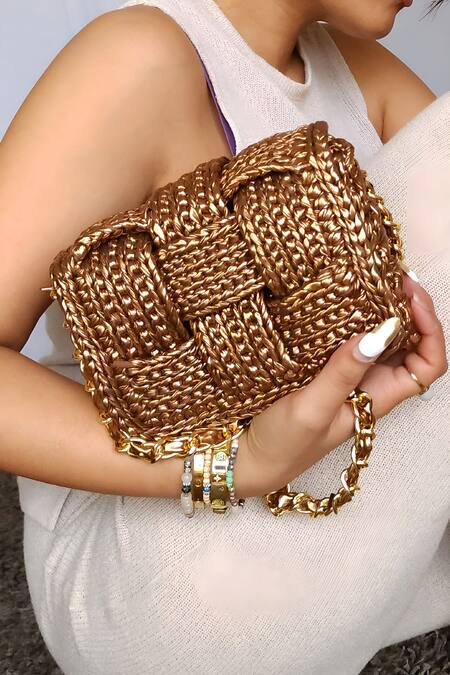 Shop Stushè Gold Cassette Handwoven Box Shaped Bag at Aza Fashions Shop_Stushè_Gold Cassette Handwoven Box Shaped Bag_at_Aza_Fashions
