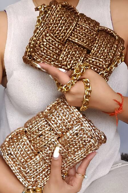 Stushè Gold Cassette Handwoven Box Shaped Bag Online at Aza Fashions Stushè_Gold Cassette Handwoven Box Shaped Bag_Online_at_Aza_Fashions