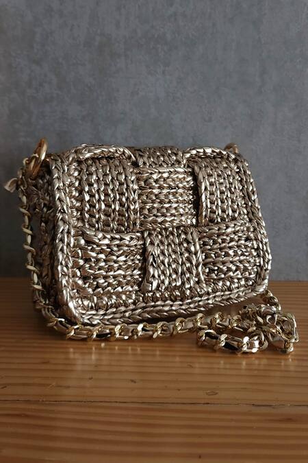 Shop Stushè Gold Cassette Box Shaped Handwoven Bag at Aza Fashions Shop_Stushè_Gold Cassette Box Shaped Handwoven Bag_at_Aza_Fashions