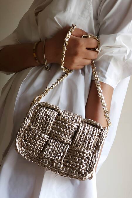 Stushè Gold Cassette Box Shaped Handwoven Bag Online at Aza Fashions Stushè_Gold Cassette Box Shaped Handwoven Bag_Online_at_Aza_Fashions