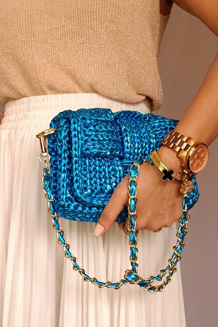 Shop Stushè Blue Cassette Box Shaped Metallic Bag at Aza Fashions Shop_Stushè_Blue Cassette Box Shaped Metallic Bag_at_Aza_Fashions