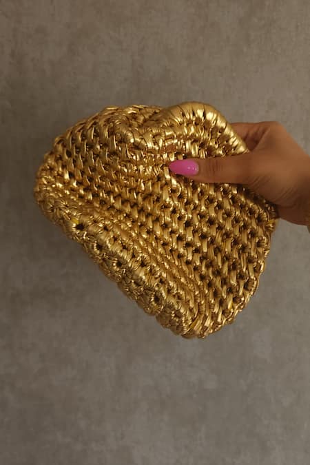 Stushè Gold Handwoven Cloud Checkered Metallic Clutch 