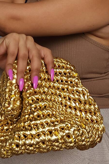 Stushè_Gold Cloud Checkered Handwoven Metallic Clutch_Online_at_Aza_Fashions
