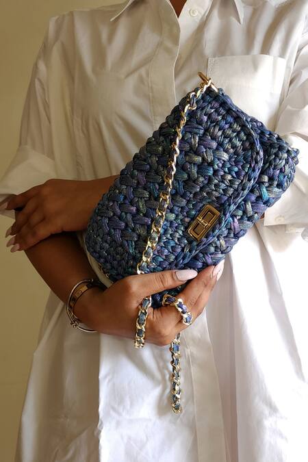 Shop Stushè Blue Fairy Metallic Handwoven Clutch at Aza Fashions Shop_Stushè_Blue Fairy Metallic Handwoven Clutch_at_Aza_Fashions