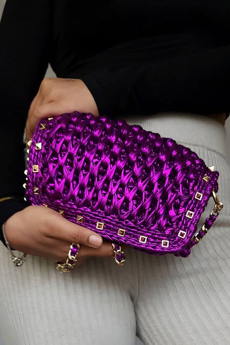 Shop Stushè Purple Studs Telly Metallic Embellished Bag at Aza Fashions Shop_Stushè_Purple Studs Telly Metallic Embellished Bag_at_Aza_Fashions