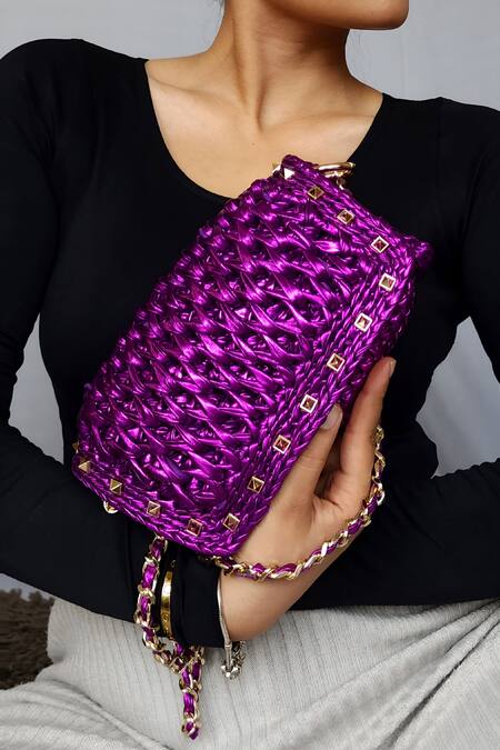Stushè Purple Studs Telly Metallic Embellished Bag Online at Aza Fashions Stushè_Purple Studs Telly Metallic Embellished Bag_Online_at_Aza_Fashions
