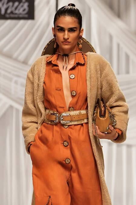 Rara Avis_Orange Linen Plain Spread Collar Safari Jumpsuit_Online_at_Aza_Fashions