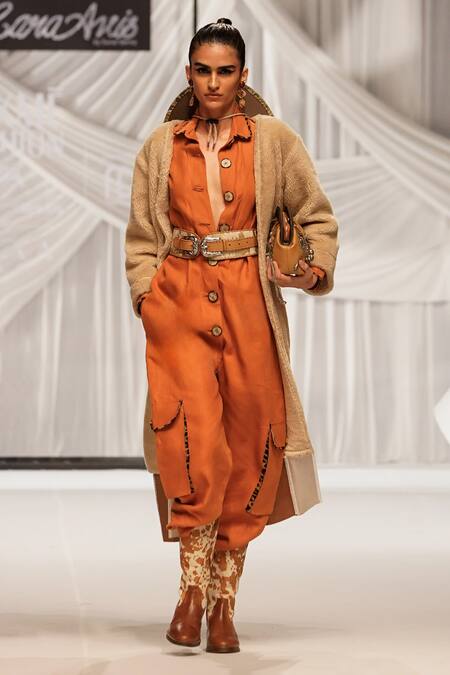 Buy_Rara Avis_Orange Linen Plain Spread Collar Safari Jumpsuit_Online_at_Aza_Fashions