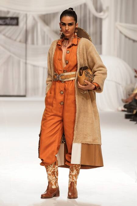 Shop_Rara Avis_Orange Linen Plain Spread Collar Safari Jumpsuit_Online_at_Aza_Fashions