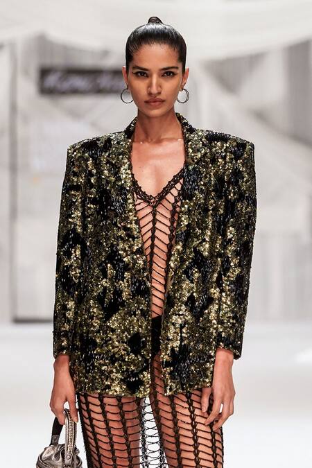 Rara Avis_Black Cotton Silk Crochet V Neck Dress_Online_at_Aza_Fashions