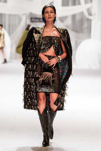 Rara Avis_Black Wool Embroidery Dabka Notched Lapel Collar Hand Overlay_Online_at_Aza_Fashions