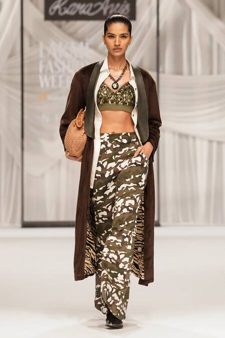 Rara Avis Multi Color Faux Fur Cotton Printed Camouflage Flared Pant