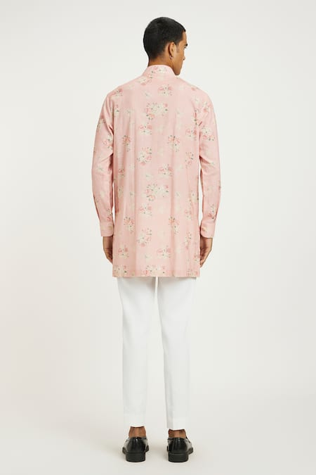 Shop Nautanky Pink Handloom , Cherry Blossom Print Kurta With Pant at Aza Fashions Shop_Nautanky_Pink Handloom , Cherry Blossom Print Kurta With Pant _at_Aza_Fashions