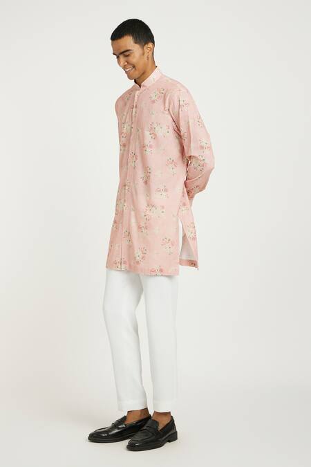 Shop Nautanky Pink Handloom , Cherry Blossom Print Kurta With Pant Online at Aza Fashions Shop_Nautanky_Pink Handloom , Cherry Blossom Print Kurta With Pant _Online_at_Aza_Fashions