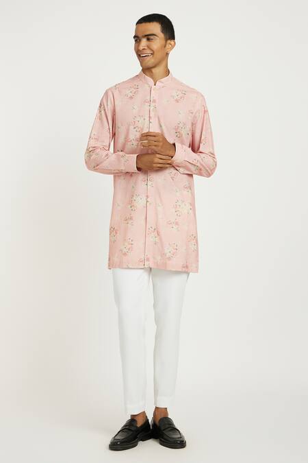 Shop Nautanky Pink Handloom , Cherry Blossom Print Kurta With Pant Shop_Nautanky_Pink Handloom , Cherry Blossom Print Kurta With Pant