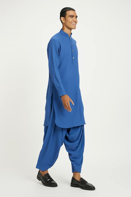 Buy_Nautanky_Blue Cotton Cerulean Pathani Kurta With Salwar _Online_at_Aza_Fashions