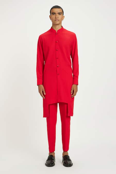 Nautanky_Red Cotton Charm Asymmetric Hem Kurta With Pant _Online_at_Aza_Fashions