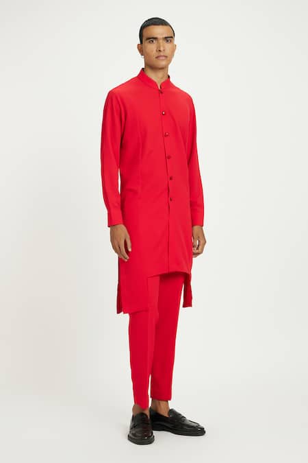 Shop_Nautanky_Red Cotton Charm Asymmetric Hem Kurta With Pant _Online_at_Aza_Fashions