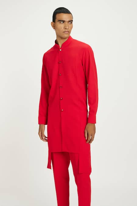Nautanky_Red Cotton Charm Asymmetric Hem Kurta With Pant _at_Aza_Fashions