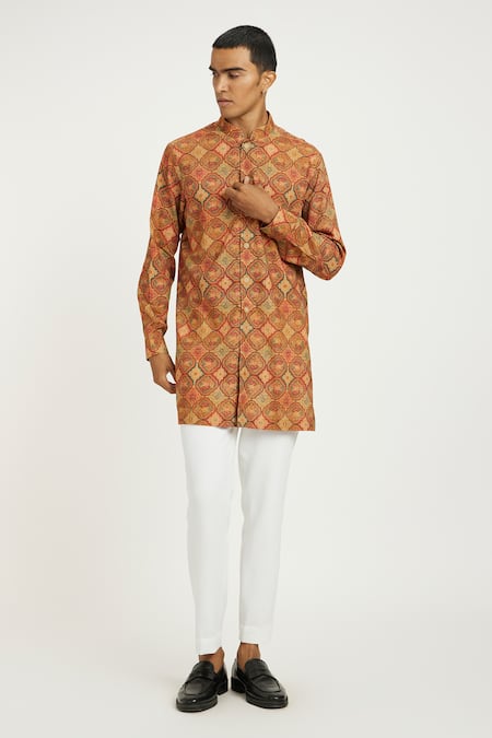 Nautanky Orange Handwoven Cotton Print Vintage Floral Rust Kurta Set 
