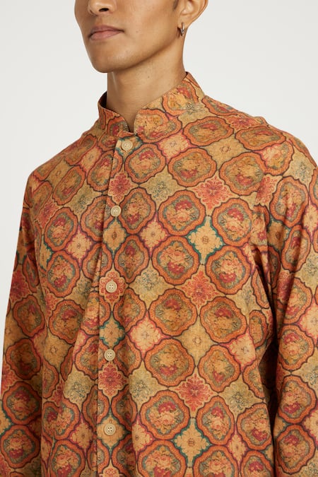 Nautanky_Orange Handloom , Embroidery Rust Vintage Floral Kurta Set _Online_at_Aza_Fashions