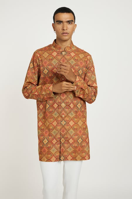 Buy_Nautanky_Orange Handloom , Embroidery Rust Vintage Floral Kurta Set _Online_at_Aza_Fashions