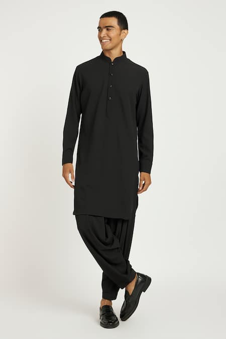 Buy Black Cotton Plain Coal Pathani Kurta With Salwar For Men by