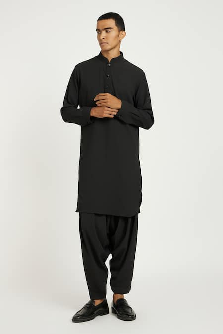 Nautanky_Black Cotton Coal Pathani Kurta With Salwar _at_Aza_Fashions