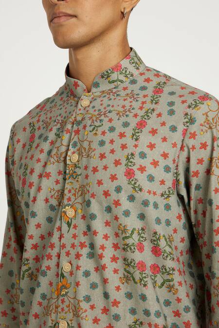 Shop Nautanky Grey Handloom , Embroidery Flower Print Short Kurta With Pant Shop_Nautanky_Grey Handloom , Embroidery Flower Print Short Kurta With Pant