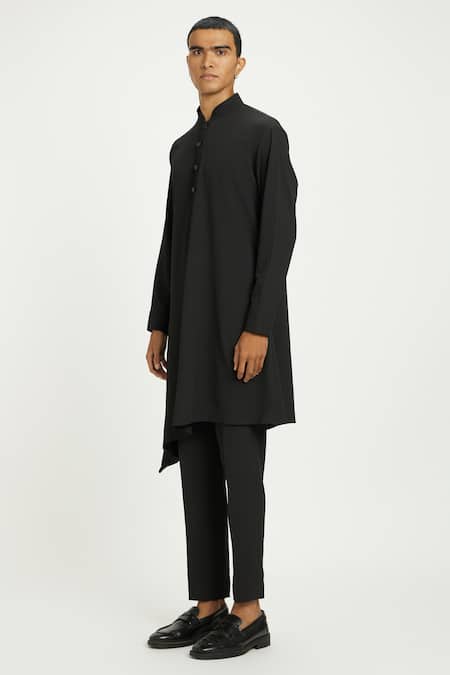 Shop_Nautanky_Black Cotton Raven Asymmetric Kurta With Pant _Online_at_Aza_Fashions