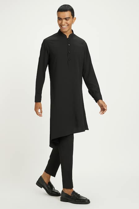 Nautanky_Black Cotton Raven Asymmetric Kurta With Pant _at_Aza_Fashions