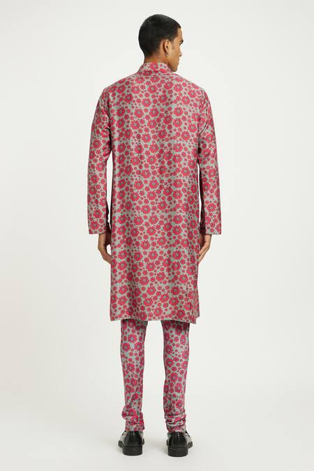 Shop_Nautanky_Grey Viscose, Silk Embroidery Rosa Floral Print Kurta With Pant _at_Aza_Fashions