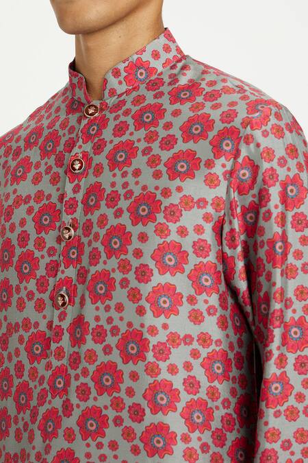 Nautanky_Grey Viscose, Silk Embroidery Rosa Floral Print Kurta With Pant _Online_at_Aza_Fashions