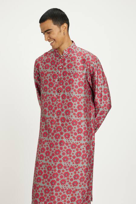 Buy_Nautanky_Grey Viscose, Silk Embroidery Rosa Floral Print Kurta With Pant _Online_at_Aza_Fashions