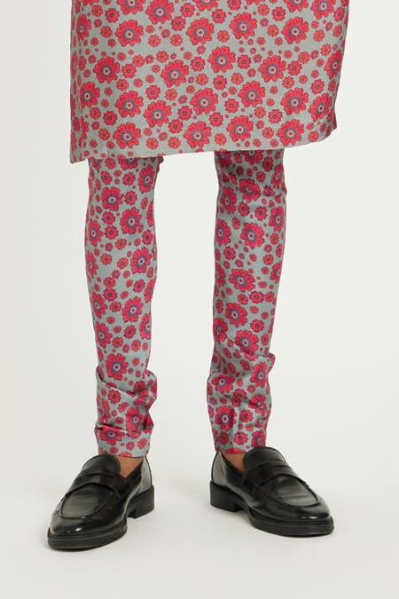 Shop_Nautanky_Grey Viscose, Silk Embroidery Rosa Floral Print Kurta With Pant _Online_at_Aza_Fashions