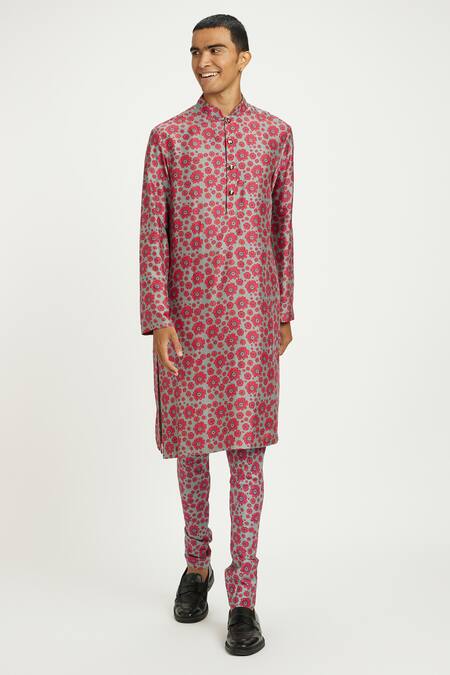 Nautanky_Grey Viscose, Silk Embroidery Rosa Floral Print Kurta With Pant _at_Aza_Fashions