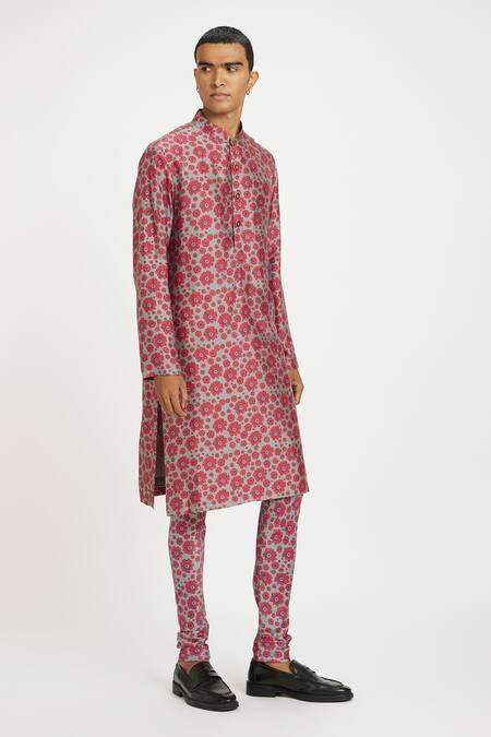 Buy_Nautanky_Grey Viscose, Silk Embroidery Rosa Floral Print Kurta With Pant 
