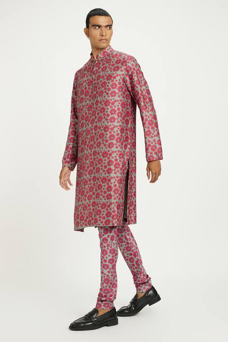 Shop_Nautanky_Grey Viscose, Silk Embroidery Rosa Floral Print Kurta With Pant 