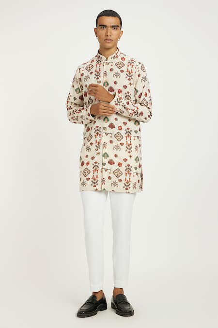 Nautanky_Beige Handloom Cotton Embroidery Tribal Celebration Print Kurta With Pant _Online_at_Aza_Fashions