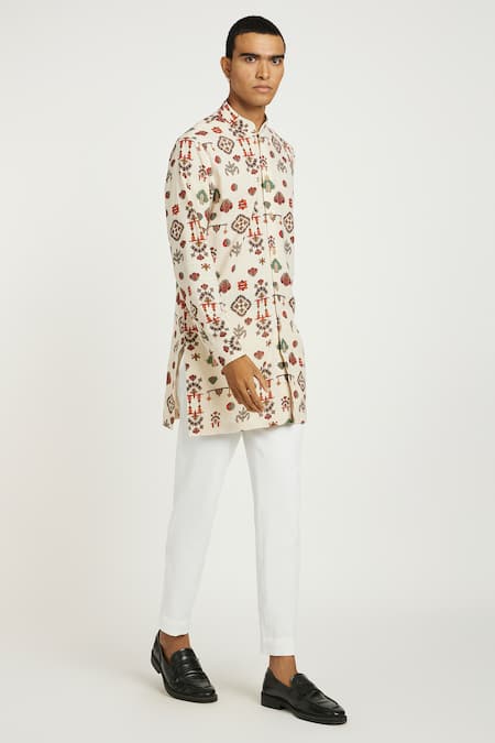 Shop_Nautanky_Beige Handloom Cotton Embroidery Tribal Celebration Print Kurta With Pant _Online_at_Aza_Fashions