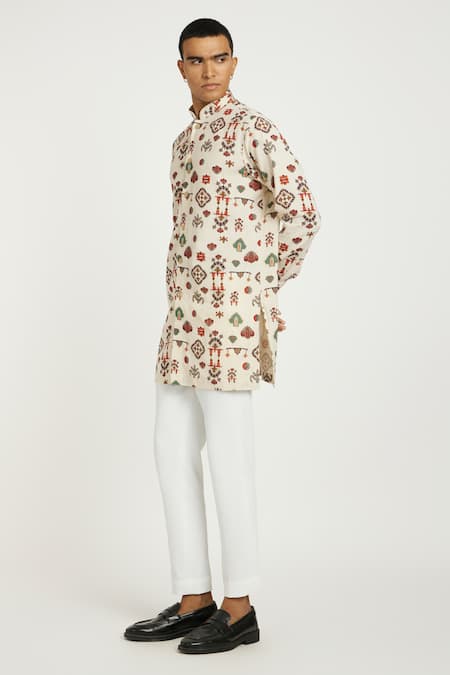 Nautanky_Beige Handloom Cotton Embroidery Tribal Celebration Print Kurta With Pant _at_Aza_Fashions