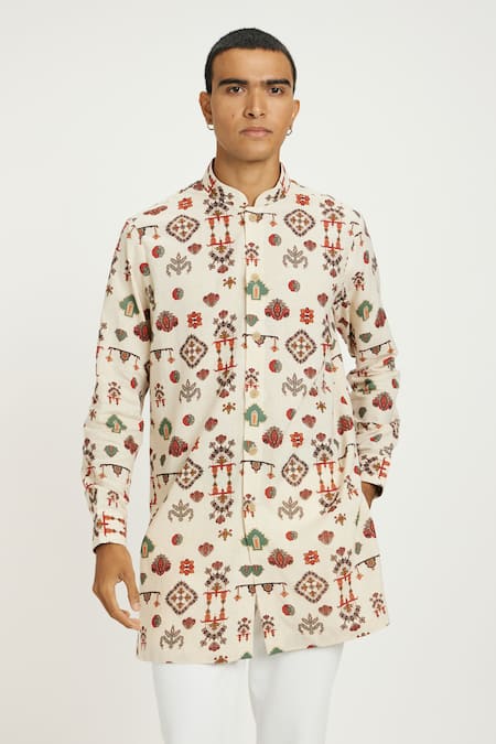 Buy_Nautanky_Beige Handloom Cotton Embroidery Tribal Celebration Print Kurta With Pant 