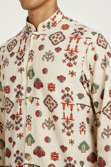 Shop_Nautanky_Beige Handloom Cotton Embroidery Tribal Celebration Print Kurta With Pant 