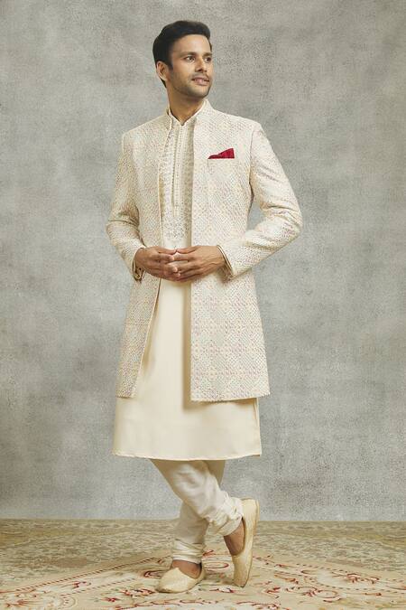 Buy Aariyana Couture Cream Silk Mirrors, Embroidery Mughal Flora Art Sherwani And Kurta Set Online at Aza Fashions Buy_Aariyana Couture_Cream Silk Mirrors, Embroidery Mughal Flora Art Sherwani And Kurta Set _Online_at_Aza_Fashions