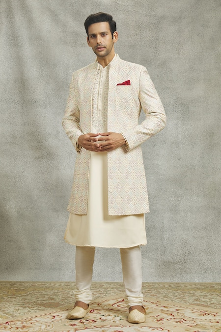Shop Aariyana Couture Cream Silk Mirrors, Embroidery Mughal Flora Art Sherwani And Kurta Set Online at Aza Fashions Shop_Aariyana Couture_Cream Silk Mirrors, Embroidery Mughal Flora Art Sherwani And Kurta Set _Online_at_Aza_Fashions